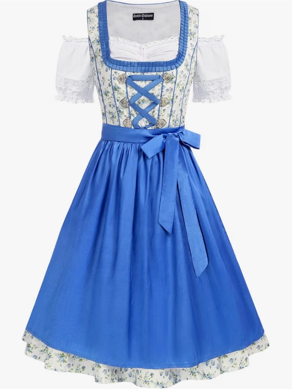 Scarlet Darkness Octoberfest Blue Floral Dirndl with White Blouse.